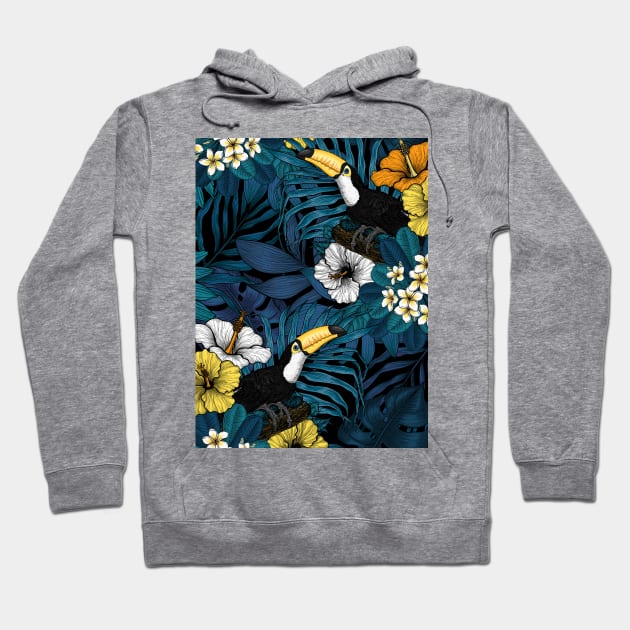 Toucans amd tropical flora, blue , yellow , orange and white Hoodie by katerinamk